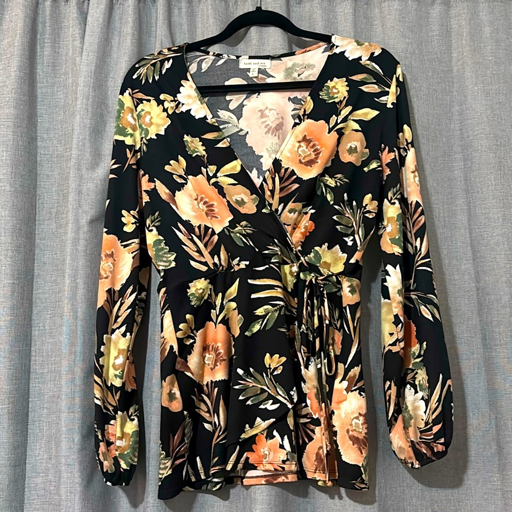 Faith and Joy floral long sleeved wrap top, size L